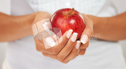 Image of Hands, apple or fruit with a person closeup for health, diet or nutrition in the kitchen of her home. Food, nutritionist and hunger with an adult eating fresh produce for a healthy weight loss snack