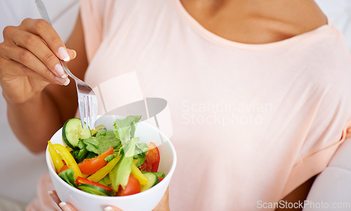 Image of Nutrition, health and closeup of woman with a salad at home with vegetables for wellness, organic or diet. Food, vitamins and zoom of female person from Mexico eating healthy meal with produce.