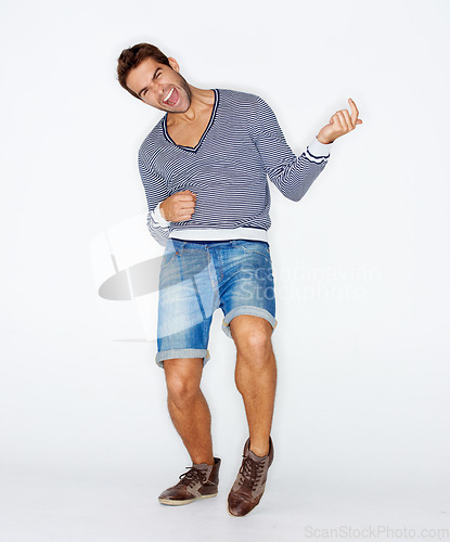 Image of Portrait, crazy and a man with air guitar for music, rock or acting as a musician. Cool, fun and a guy, person or artist playing an instrument with imagination for a concert on a white background