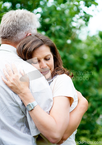 Image of Senior couple, support and eyes closed with hug, marriage and embrace in outdoor, trust and retired. Retirement, elderly and love in park, bonding and care for romantic relationship, man and woman