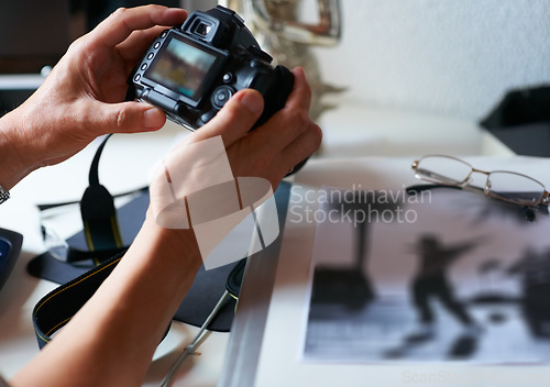 Image of Camera, photographer or hands of man in home with creativity in pictures or photo in Italy. Photography, journalist or closeup of traveler with art after photoshoot production for nostalgia or memory