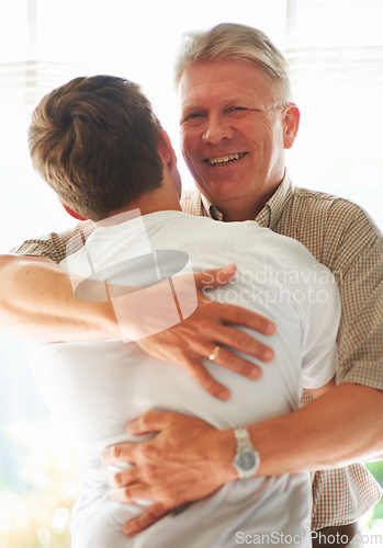 Image of Grandparent, teenager and hug with smile, happy and embrace with love, grandchild and home. Senior man, support or bonding together for relationship, family and retired with boy, house or grandfather