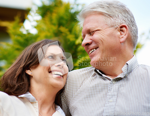 Image of Senior couple, happy and smiling in outdoor, marriage and embrace, laugh and retired. Retirement, elderly and love for commitment, bonding together or care for romantic relationship, man and woman