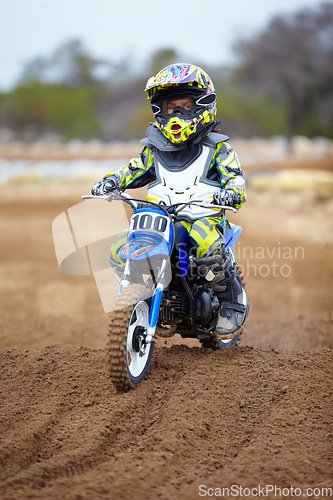 Image of Sports, sand and motorbike for action, challenge or competition with power and fitness. Speed, performance and desert with bike for race or adventure in outdoor with freedom or fearless driving.