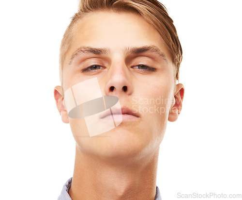 Image of Portrait, serious and a man with headshot on a white background for suspicious, mean or confident. Face, young and a guy or person on a studio backdrop for cool, attitude or looking arrogant or rude