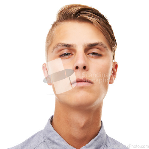 Image of Portrait, handsome and a man with a headshot on a white background as serious, mean or confident. Face, young and a guy or person on a studio backdrop for cool, attitude or looking with a stare