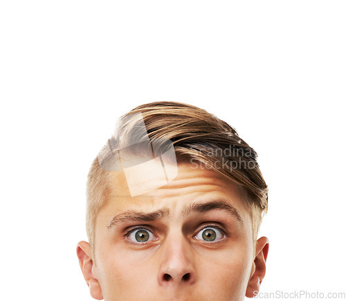 Image of Question, why and thinking face of confused man with doubt in problem solving in white background. Closeup, portrait and person with doubt for decision, ideas and emoji of surprise in studio mockup