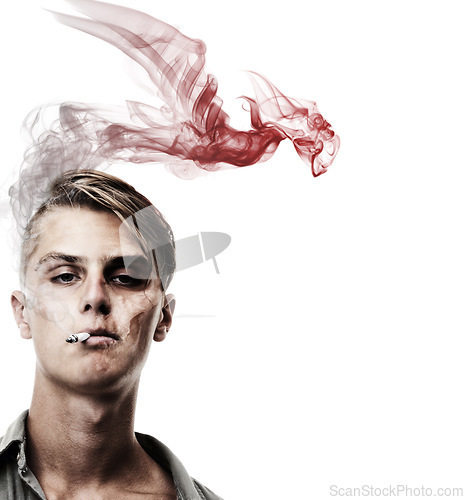 Image of Smoking graphic, portrait and a man on a white background to show cigarette danger. Bad, unhealthy and a guy or person with an illustration for the effect, addiction or habit of tobacco on health