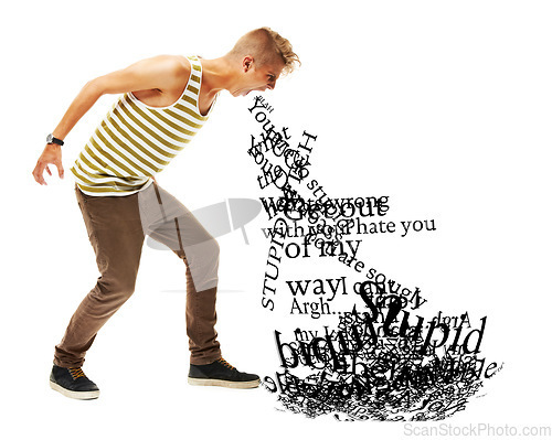 Image of Angry, white background and a man with negative words for depression, mental health or anxiety. Sad, frustrated and a person speaking with anger, verbal abuse or vomiting hate speech in a studio