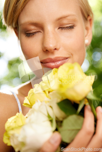 Image of Relax, smile and woman in garden with roses in bouquet for holiday in spring for outdoor fun. Happiness, freedom and face of girl in park with flowers, weekend in countryside and sunshine on vacation