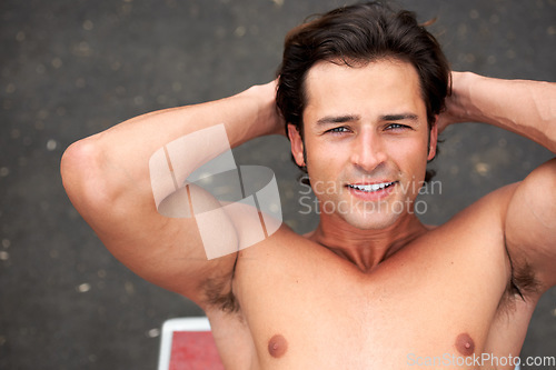 Image of Shirtless man, portrait and sit ups for fitness, training and workout outdoors, muscle and accountability for health. Male person, face and closeup of exercise, strong and commitment for wellness