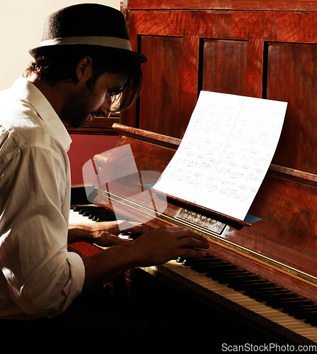 Image of Profile, music notes and man with piano, artist and keyboard with sound, audio and entertainment with performance. Person, paper and musician with jazz, performer and practice with creativity