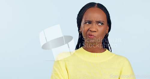 Image of Confused woman, face and thinking in studio of choice, remember why or dont know solution on blue background. Curious african model questioning decision, forgot memory or doubt ideas for mockup space