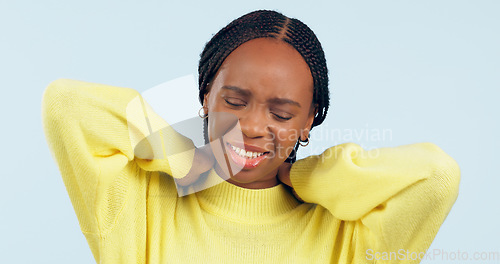 Image of Black woman, neck pain and inflammation with injury, strain and uncomfortable on isolated studio background. Joint, anxiety and stress for fibromyalgia, muscle burnout and unhappy with tendinitis