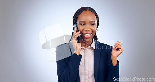 Image of Business woman, smile and phone call in studio for consulting contact, chat or talk on grey background. Happy african worker, mobile communication and conversation for feedback, networking or connect