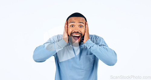 Image of News, announcement and portrait of man with surprise in studio, white background or mockup space. Wow, emoji and excited or shocked person with secret, drama or hearing crazy information on promotion