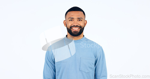 Image of Happy, portrait and man in Brazil, studio and white background and confidence and pride in fashion. Face, smile and person with happiness, optimism and positive mindset with style in mockup space