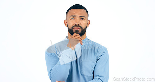 Image of Thinking, face and confused man in studio with brainstorming, ask or guess gesture on white background. Doubt, portrait and male model with questions, why or unsure body language, emoji or solution