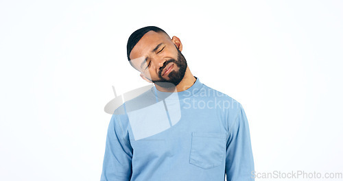 Image of Stress, neck pain and young man in studio with headache, injury or accident for muscle sprain. Sick, migraine and person from Colombia with burnout, brain fog and anxiety isolated by white background