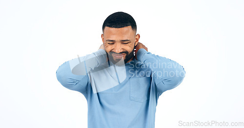 Image of Neck pain, stress and man in studio with joint, problem or muscle tension on white background. Shoulder, injury and male model with anxiety for arthritis, fibromyalgia or osteoporosis anatomy risk