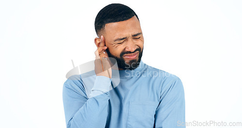 Image of Stress, headache and man in studio with pain, pressure or vertigo on white background. Burnout, anxiety and face of male model with temple massage for brain fog, tinnitus or migraine, mistake or fail