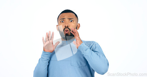 Image of Shock, surprise and portrait of man in a studio with wow, omg or wtf facial expression for news. Amazing, alert and face of young ale person from Colombia with crazy face isolated by white background