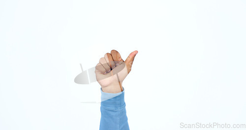 Image of Thumbs up, hand and person with sign for yes in studio, white background with feedback of support. Thank you, vote and icon for success, agreement and emoji for achievement of goals or ok review