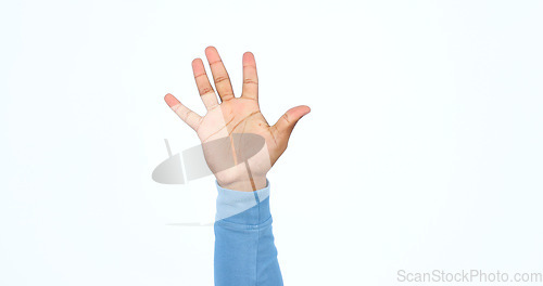 Image of Hand, palm or closeup of high five in success, volunteer or help in charity organisation in studio mockup. Presentation, fingers and stop in sign language, emoji or warning signal on white background