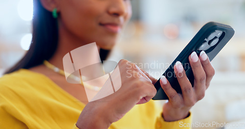 Image of Woman, hands and scroll on smartphone in home, reading social media notification and update subscription app. Closeup, cellphone and download mobile games, search digital network or typing to contact