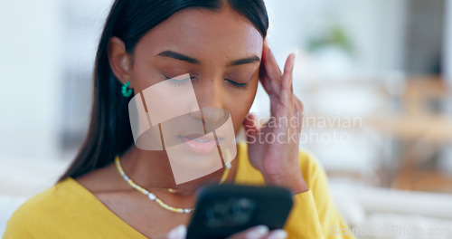 Image of Home, smartphone and woman with a headache, internet and stress with error 404, connection or typing. Person, apartment or girl with a cellphone, mobile user or digital app with a migraine or burnout