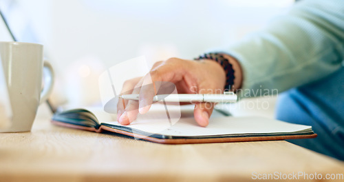 Image of Writing, notebook and hands with pen for planning, diary entry and creative ideas on desk. Paper, books and closeup of person for journal, schedule and agenda or to do list, calendar and notes