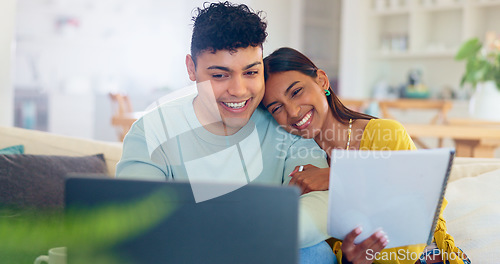 Image of Online, investment and couple in home with laptop and paperwork for loan, mortgage or real estate. Banking, budget or review information on computer with documents for finance, property or saving