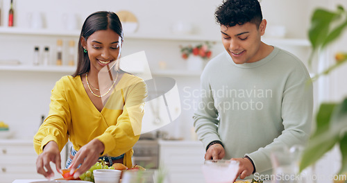 Image of Cooking, vegetables and couple in kitchen for lunch, supper and romantic dinner together. Happy, dating and man and woman at home with food for meal prep for bonding, love and healthy relationship