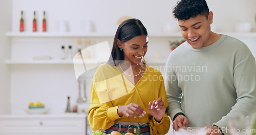 Image of Cooking, happy and couple in kitchen for lunch, supper and romantic dinner together. Marriage, dating and man and woman at home with food for meal prep for bonding, love and healthy relationship