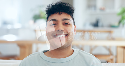 Image of Portrait, man or student with smile for scholarship, education or learning at a restaurant or cafe with confidence and pride. Face, person and happiness for studying, exam or knowledge at college