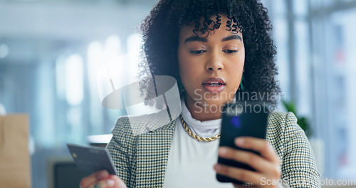 Image of Business woman, phone and credit card for office online shopping, investment and savings or e commerce. Professional African person or worker for internet banking, financial payment or digital money