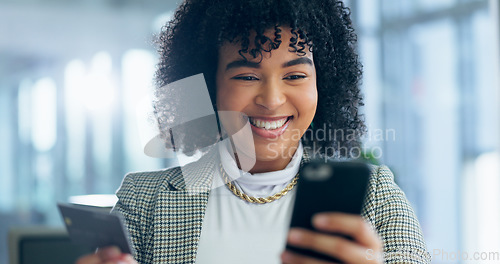 Image of Happy woman, phone and credit card in business online shopping, investment and savings or e commerce. Professional African person smile for mobile internet banking, financial payment or digital money