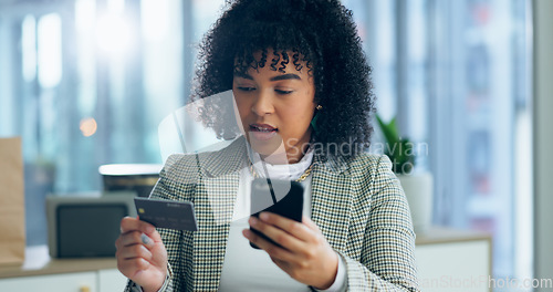 Image of Professional woman, phone and credit card for online shopping, investment and savings or e commerce sign up. African employee with mobile for internet banking, business debit and fintech payment