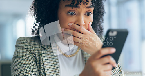 Image of Business woman, reading phone and shocked for social media post, news or marketing error in office. Young african employee confused, surprise and stress on mobile for scam, mistake or wrong email