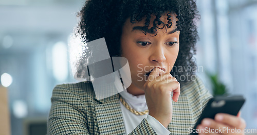 Image of Woman, phone and night in office for stress, error or reading for problem solving for communication. Entrepreneur, smartphone and 404 glitch for networking, mobile app or frustrated face in workplace