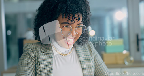 Image of Business woman, thinking and night with excited smile for ideas, deal and success in trading. Entrepreneur, finance expert and happy for announcement, promotion or revenue target in dark workplace