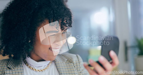 Image of Happy woman in office, makeup and mirror for face, getting ready for business in workplace with smile. Wink, beauty cosmetics and businesswoman, receptionist or secretary with skin care at desk.