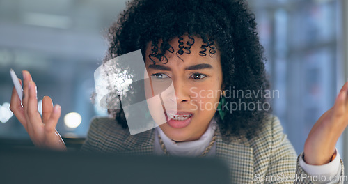 Image of Stress, confused and business woman in office reading bad news, feedback or email, review or report. Face, fail and lady entrepreneur with disaster, glitch or tax, audit or mistake, anxiety or 404