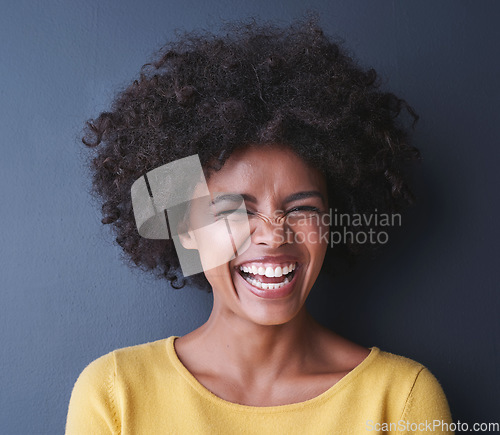 Image of Black woman, laugh and beauty portrait in studio with happiness from dental care and teeth whitening, Happy, face and natural African haircare, cosmetics or smile for dermatology on grey background