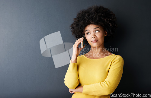Image of Black woman, thinking and phone call with questions, ideas, doubt emoji in studio background. African, face or person confused in conversation with drama, gossip or listening to contact communication