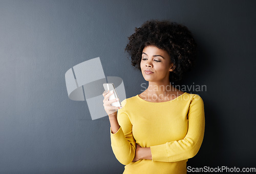 Image of Black woman, thinking and reading phone with fake news, social media or post online on app or website. African, face and email communication, chat or cellphone with announcement info mockup or space