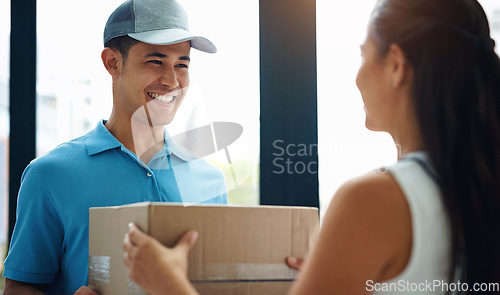 Image of Front door, delivery guy or boxes of a happy woman for ecommerce distribution or online shopping. Shipping services, smile or friendly courier man giving cardboard parcel, product or package in home