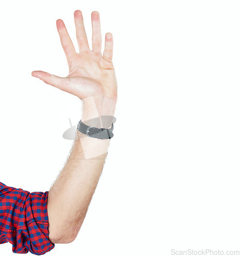 Image of Hand, high five or man with hello, greeting or five number gesture isolated on white studio background. Wave, stop or countdown sign language with person with palm in the air, mockup space or waving