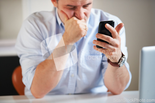 Image of Stress, businessman and a chat on a phone at work with communication, bad news and a glitch. Contact, email and an employee with anxiety, sad or frustrated with an app or notification on a mobile