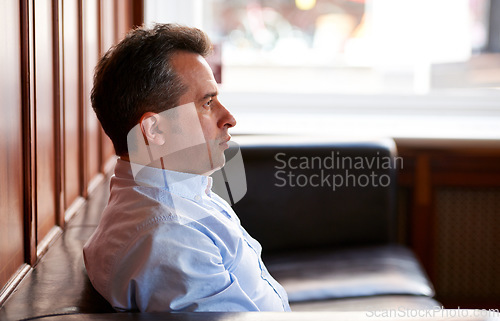 Image of Job interview, stress and man thinking in waiting room for recruitment, opportunity or meeting. Anxiety, nervous and male worker with tension, crisis or mistake, regret or panic disaster in HR office